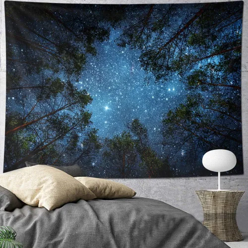 Miniatura 4 de HOMKUMY Tapiz de pared estrellado, tapiz de noche estrellada de bosque con impresión 3D, tapiz de árbol de estrella, tapiz psicodélico indio
