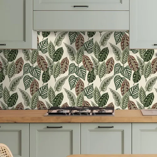 Miniatura 3 de VaryStyle Papel tapiz de hojas de palma tropicales de 17.7 x 118 pulgadas, color verde/beige, hojas de palmera botánicas, despegar y pegar, papel