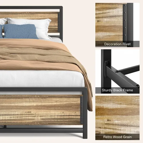 Miniatura 6 de Gizoon Cama de plataforma de metal Queen con cabecera de madera, listones de hierro de 15 pulgadas, gran almacenamiento debajo de la cama, sin Gris
