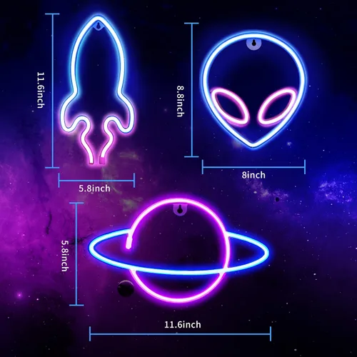 Miniatura 5 de Letreros de neón para decoración de pared, 3 luces LED de neón para dormitorio, USB o pilas, con luz espacial con temática de planeta alienígena