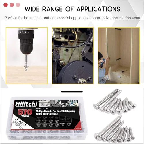 Miniatura 5 de Hilitchi 570 unidades de tornillos autoperforantes modelos M 3 4 5 6, de acero inoxidable con cabeza plana y Phillips, kit de tornillos surtidos