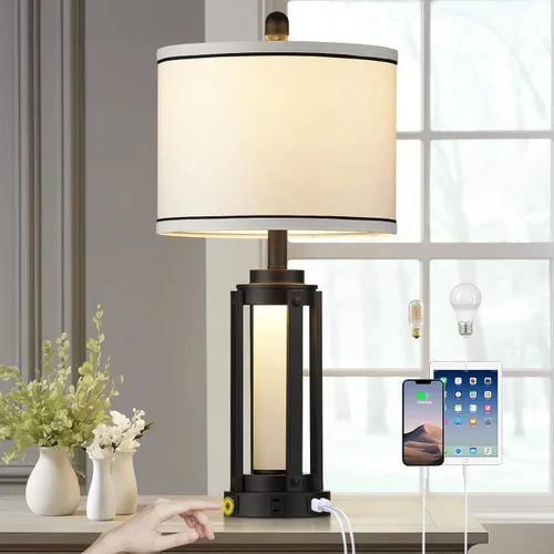 Miniatura 13 de 26" Modern Lamp for Living Room, Industrial 3-Way Dimmable Beside Table Lamp with USB A+C Charging Ports & AC Outlet, Touch Control Beside Lamp LED