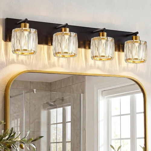 Miniatura 10 de VOLISUN Luces de tocador de cristal – 4 luces modernas de acero inoxidable para baño sobre espejo, acabado cromado – Certificado UL
