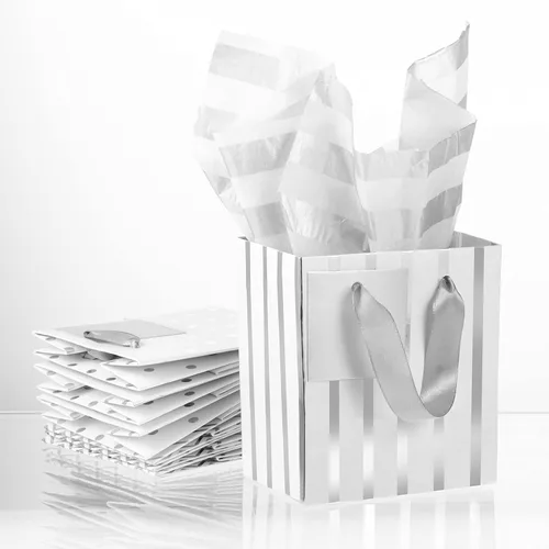 Miniatura 7 de Tenare 12 bolsas de regalo pequeñas, mini bolsa de papel metálica a granel con asa de papel de seda para envoltura de regalo, día del padre, Blanco