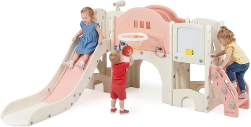 Miniatura 11 de Costzon Juego de tobogán 10 en 1 para niños pequeños, juego de tobogán y escalador con pizarra magnética, juego de anillos, aro de baloncesto, túnel