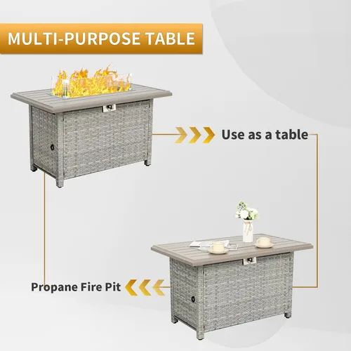 Miniatura 5 de WAROOM Fogata de propano para exteriores, mesa de fogata de patio de mimbre PE de 43 pulgadas con protector contra el viento de vidrio, vidrio