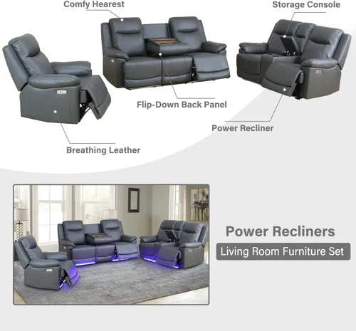 Miniatura 6 de Juego de sofá reclinable eléctrico, juego de sofá de cuero con puerto USB, sofá biplaza reclinable con consola de almacenamiento/portavasos