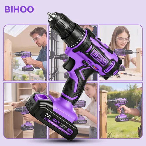 Miniatura 9 de Purple 20V Cordless Drill Electric Drill set, Electric Screwdriver with 2 Batteries & Charger, 3/8" Keyless Chuck, 25+1 Torque 2-Speed Hammer Drill