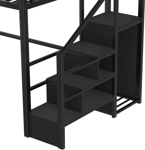 Miniatura 5 de SOFTSEA Cama tipo loft de metal completo con escaleras y armario, cama alta para niños con barandillas en forma de casa y estantes de Negro