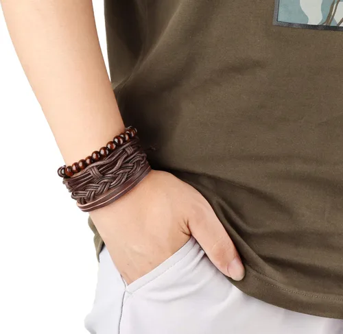 Miniatura 6 de Brazalete Jstyle de piel trenzada, ajustable, con cuentas de madera, envolvente, 17 unidades para hombre y mujer