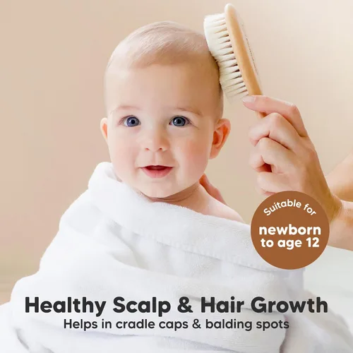 Miniatura 3 de Cepillo de madera para cabello de bebé para niñas y niños, cepillo para cuna, peine de bebé recién nacido, peine de cerdas de cabra suaves para Nogal