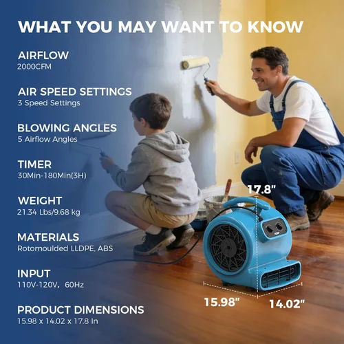 Miniatura 6 de ALORAIR Ventilador de Secado de Piso de 1/3 Hp 2000 CFM, Ventilador Soplador Movedor de Aire con Temporizador con Cable de 20 pies, 3 Velocidades, 5