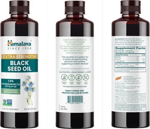 Miniatura 7 de Himalaya Aceite de semilla negra extra fuerte, prensado en frío y sin refinar, 1.5% de timoquinona (69 mg por TSP), 8 onzas