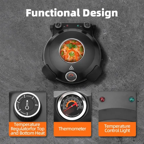 Miniatura 4 de Horno eléctrico de pizza para interiores, cocina de encimera de 12 pulgadas, máquina de pizza eléctrica de 800 ℉ con temporizador, piedra