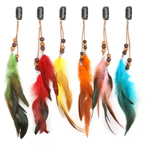 MWOOT 6 pinzas para el pelo de plumas, extensiones de cabello bohemias hechas a mano con peine de clip, horquilla hippie bohemia, pluma, cuerda de