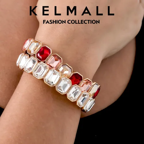 Miniatura 7 de KELMALL Trendy Crystal Exquisite Small Square Stretch Bracelet for Women, Party Proms Vibant Bling Rhinestone Elastic Bangle- Multi