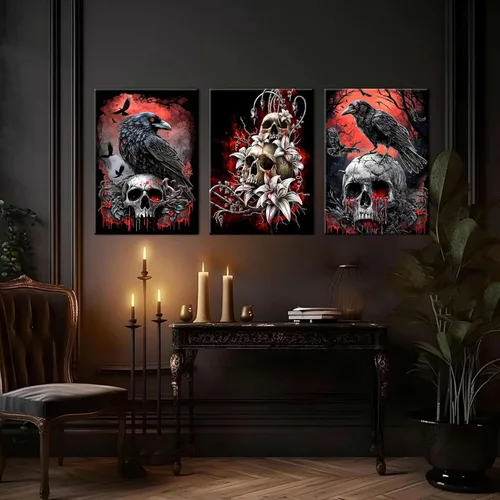 Miniatura 2 de Lienzo de pared de Halloween con marco de madera gótica para sala de estar, juego de 3 impresiones románticas de cuervo y mariposa, decoración