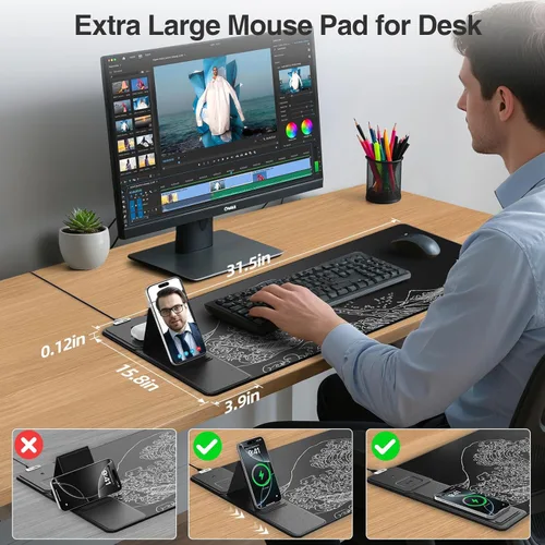 Miniatura 3 de Wireless Charging Mouse Pad with Foldable Phone Holder, 31.5"x15.8" Large Desk Mat for Laptop/Keyboard, Waterproof Ultra-Smooth Surface, Non-Slip