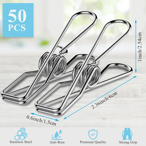 Miniatura 2 de Paquete de 50 alfileres para colgar ropa, de acero inoxidable, resistentes al aire libre, alfileres de ropa grandes, clips de metal, 2.36 pulgadas