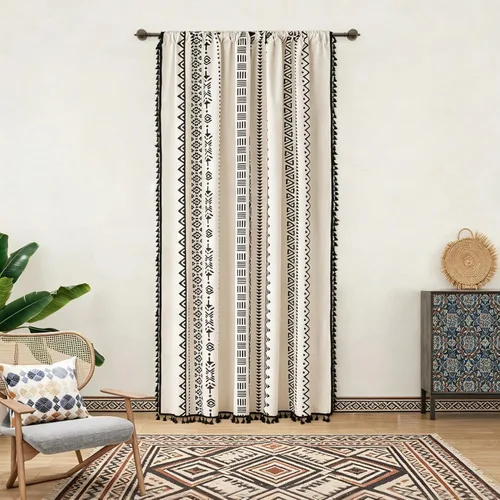 Coral Fish Cortinas Bohemias con Patrón Geométrico Negro Cortinas de Ventana Bohemias con Borlas y Flecos para Cocina Baño Filtrado de Luz Patrón