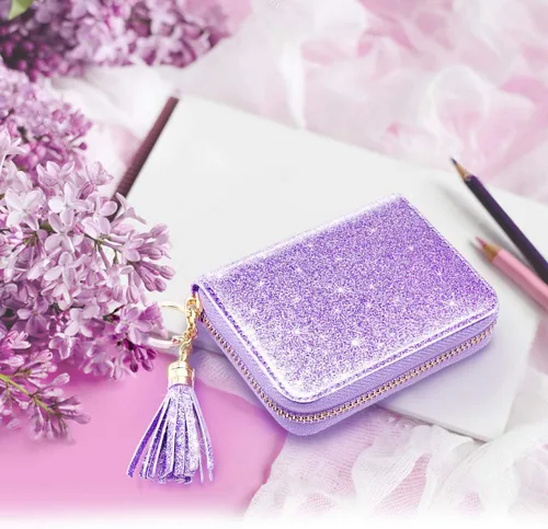 Miniatura 5 de Billetera pequeña para tarjetas de crédito RFID con purpurina linda para mujer