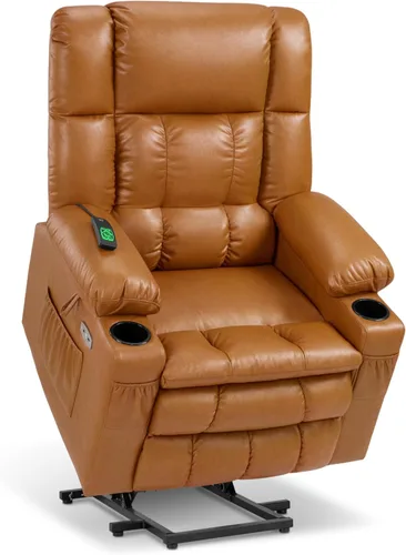 Miniatura 26 de MCombo Silla reclinable eléctrica de motor dual para adultos mayores, silla de elevación plana con calor y masaje, portavasos, puertos USB, piel