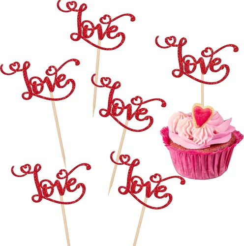 Miniatura 19 de Rsstarxi Paquete de 24 adornos para cupcakes para el día de San Valentín, con purpurina roja, dulce amor, para cupcakes, decoración de San Valentín