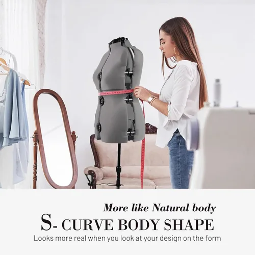 Miniatura 6 de Formas de vestido para costura, maniquí femenino gris ajustable talla 12-18, cuerpo de modelo que se puede sujetar con alfileres con 13 diales