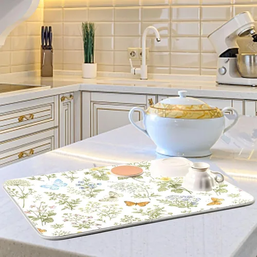 Miniatura 6 de Tapete de secado de platos con flores botánicas y mariposas para encimera de cocina, absorbente, almohadilla de secado de microfibra, grande 18x24