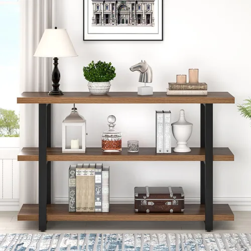 Miniatura 7 de FOLUBAN Mesas de consola para entrada, mesa de sofá moderna de madera y metal con estantes de almacenamiento para sala de estar, pasillo, entrada