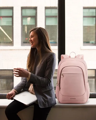Miniatura 2 de LIGHT FLIGHT Mochilas de viaje para laptop para mujer, mochila para laptop de 17.3 pulgadas con orificio de carga USB, bolsa universitaria 2-Rosa