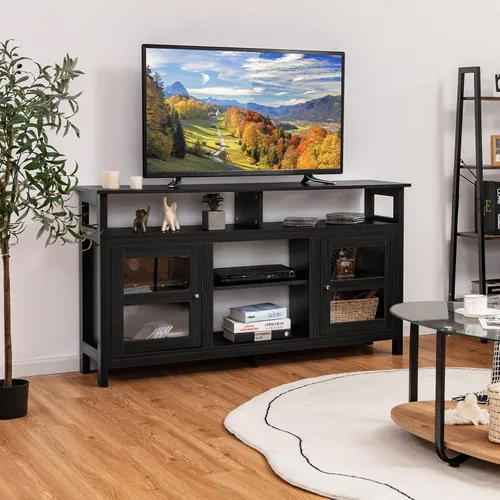 Miniatura 2 de Tangkula Soporte de TV de granja para televisores de hasta 65 pulgadas, mesa consola de TV de madera con 2 gabinetes y 4 estantes, muebles de sala