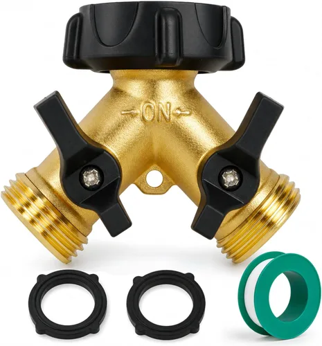 Hourleey Divisor de manguera de jardín de latón de 2 vías, conector de manguera de 3/4 pulgadas, divisor en Y de manguera, adaptador de espiga de
