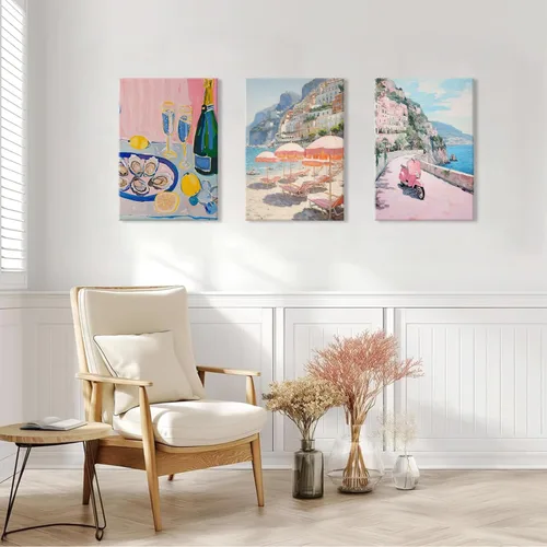 Miniatura 4 de HNNXAR Amalfi Coast - Lienzo decorativo para pared, pintura italiana de playa, pintura artística italiana, fruta, champán, juego de 3, decoración
