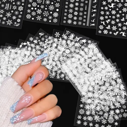 Miniatura 11 de 10 hojas de calcomanías de uñas de Navidad 3D con copo de nieve - Diseño de purpurina autoadhesiva blanca, decoraciones de invierno para Navidad