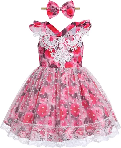 IDOPIP Baby Girls Floral Tutu Dress Summer Mesh Lace Sleeveless Backless Princess Birthday Party Dresses with Headband Outfit