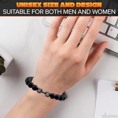 Miniatura 5 de Lava Beads Gym Bracelets for Men - 8mm Lava Rock Bracelet Natural Stone, Men Stretch Bracelet Bead Bracelet for Women- Alloy Dumbbell Bracelet