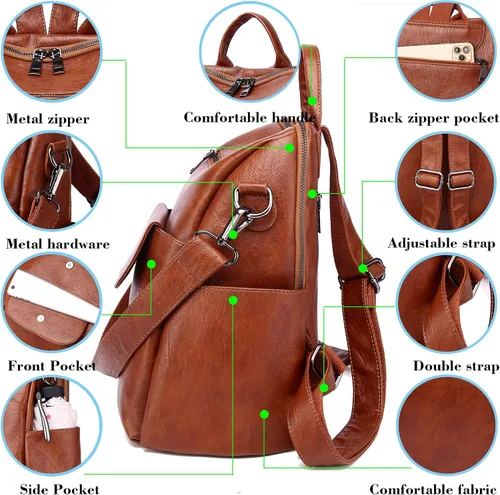 Miniatura 6 de Mochila de Moda para Mujer Bolso Impermeable Mochilas Escolares Viajes Compras Mochila Convertible Bolsa de Hombro para Damas Rojo-Marrón