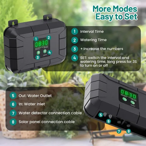 Miniatura 3 de Kit de riego por goteo automático Biling, sistema de riego solar de 8W con batería para jardín con modos de temporización programables digitales