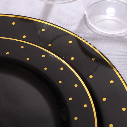 Miniatura 2 de I00000 - Paquete de 102 unidades, platos de plástico de color negro y dorado, 51 platos llanos de 10.25 pulgadas y 51 platos de postre de 7.5