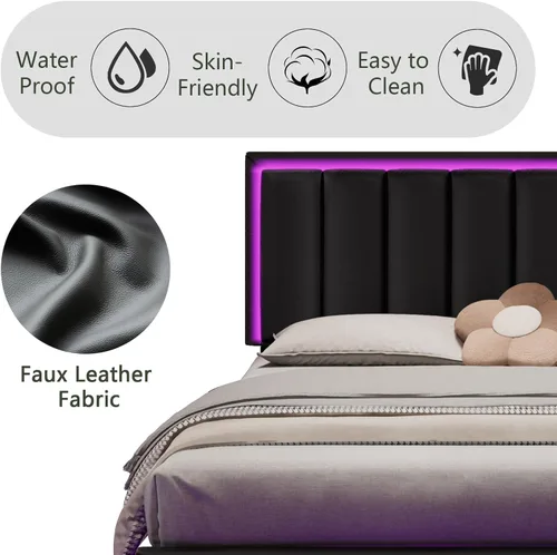 Miniatura 4 de IMMERSTABLE Marco de cama flotante tamaño Queen, marco de cama tapizado tamaño Queen con cabecero, luces LED RGB, soporte de listones de madera Negro