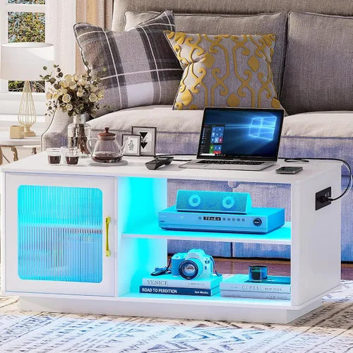 Gurexl Mesa de centro LED con estación de carga, sensor automático, mesa de comedor regulable de 3 colores con armario de almacenamiento grande para