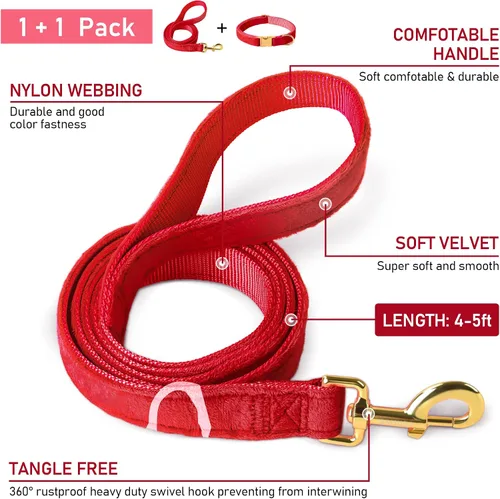 Miniatura 3 de GAMUDA Collar y correa de terciopelo para perro, súper suave y liso, hebilla dorada resistente, cómodo y fácil de limpiar, collar ajustable para Rojo