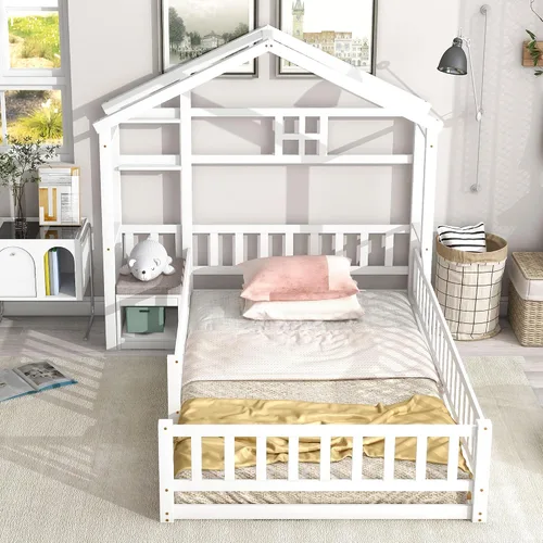 Miniatura 16 de Cama de madera de tamaño individual con cabecera en forma de casa con vallas, altura baja al suelo, para dormitorio de niños y niñas (azul claro-01)
