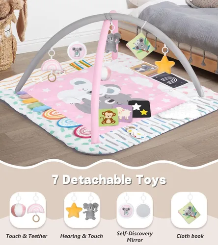 Miniatura 4 de Alfombrilla de juego para bebé, gimnasio de actividades, 6 zonas de desarrollo, 6 juguetes sensoriales desmontables y tarjetas educativas, juego