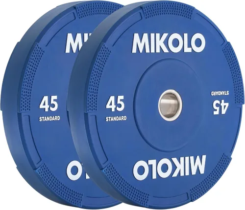 Miniatura 12 de Mikolo Juego de placas olímpicas para parachoques, 100% de goma de baja densidad y rebote con inserciones de acero, placas de barra silenciosas