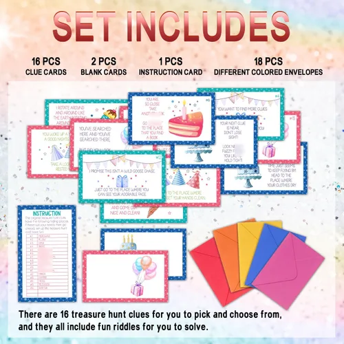 Miniatura 2 de Tarjetas de pistas de búsqueda del tesoro de cumpleaños, juego de búsqueda del tesoro de pasteles, juego de 19 tarjetas y 18 sobres, juego