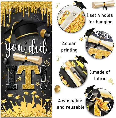 Miniatura 5 de Decoraciones de graduación negras y doradas para la clase de 2026 con texto en inglés "Congrats Grad and You Did It" para suministros de fiesta
