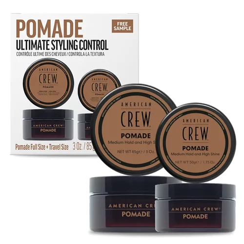 American Crew Pomada para cabello de hombre, como gel para el cabello con fijación media y alto brillo, tamaño de viaje, set de regalo en dúo