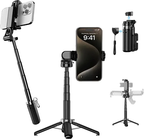 Soporte de trípode para teléfono 4 en 1 con clip, palo de selfie extensible con rotación de 360° e inclinación de 225°, mango plegable portátil para